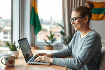 Žmogus naudojantis kompiuterį skaitmeniniam kreditui patvirtinti.