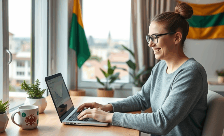 Žmogus naudojantis kompiuterį skaitmeniniam kreditui patvirtinti.