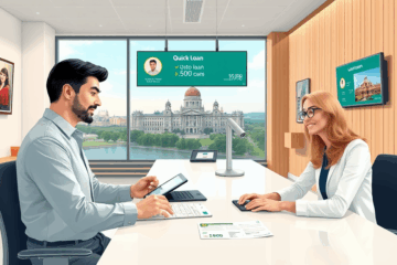 Asmuo naudojasi banko internetu, kad greitai gautų skubų kreditą be pradinių įnašų