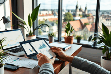 Žmogus laiko pinigus, svarstydamas sąskaitų apmokėjimo ar investavimo galimybes.