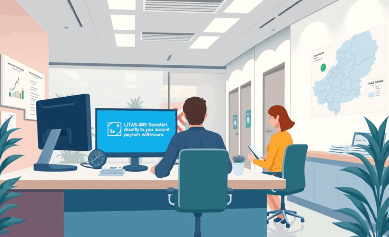 Vaizdas, iliustruojantis greitą pinigų pervedimą į banko sąskaitą.