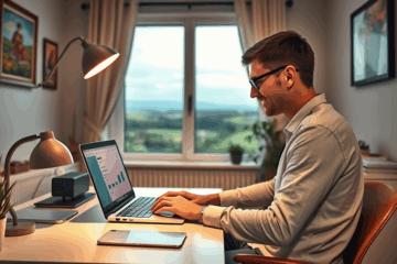 Žmogus naudojantis kompiuterį namuose, siekiantis greito paskolos patvirtinimo internetu.