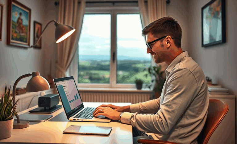 Žmogus naudojantis kompiuterį namuose, siekiantis greito paskolos patvirtinimo internetu.