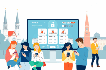 Kompiuterio ekranas su HelpLoan.lv portalu, rodantis skolinimosi paslaugas ir skaitmeninį aptarnavimą.