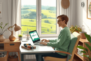 Žmogus naudojasi internetu imdamas kreditą su Moneza.